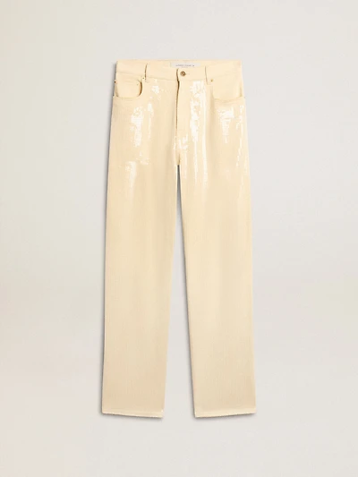 Ecru pants with transparent all-over sequins