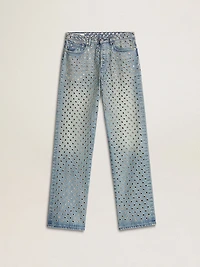 Women's washed jeans with all-over eyelets
