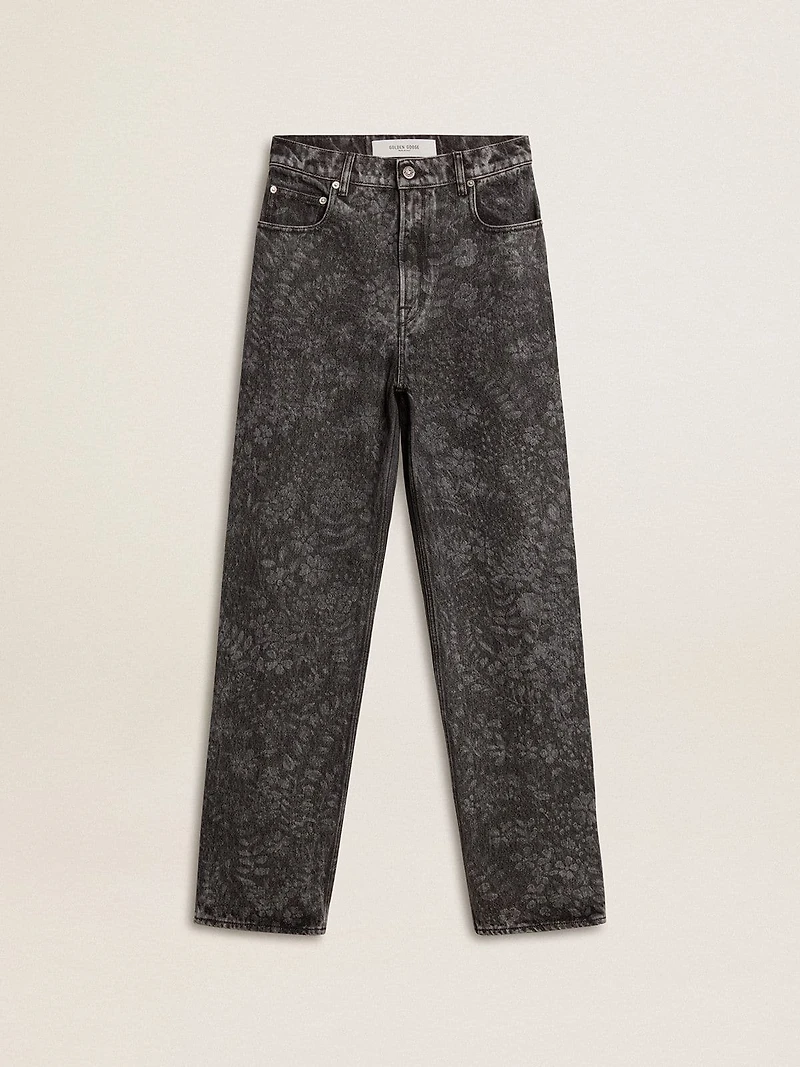 Women's black jeans with a floral motif