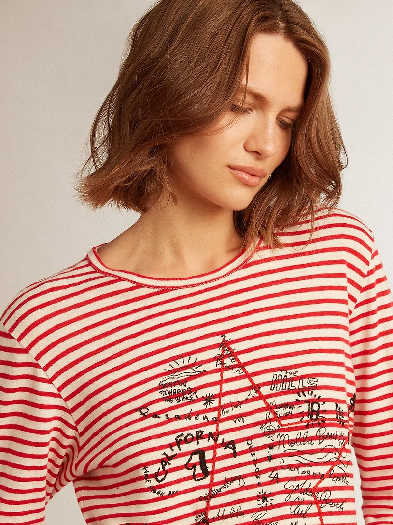 Women's T-shirt with white and red stripes embroidery on the front