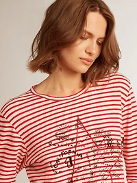Women's T-shirt with white and red stripes embroidery on the front