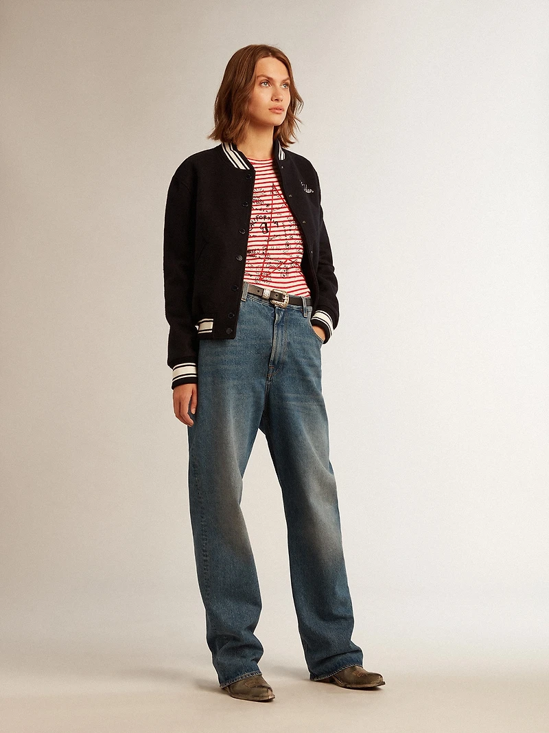 Women's T-shirt with white and red stripes embroidery on the front