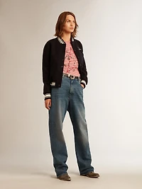 Women's T-shirt with white and red stripes embroidery on the front