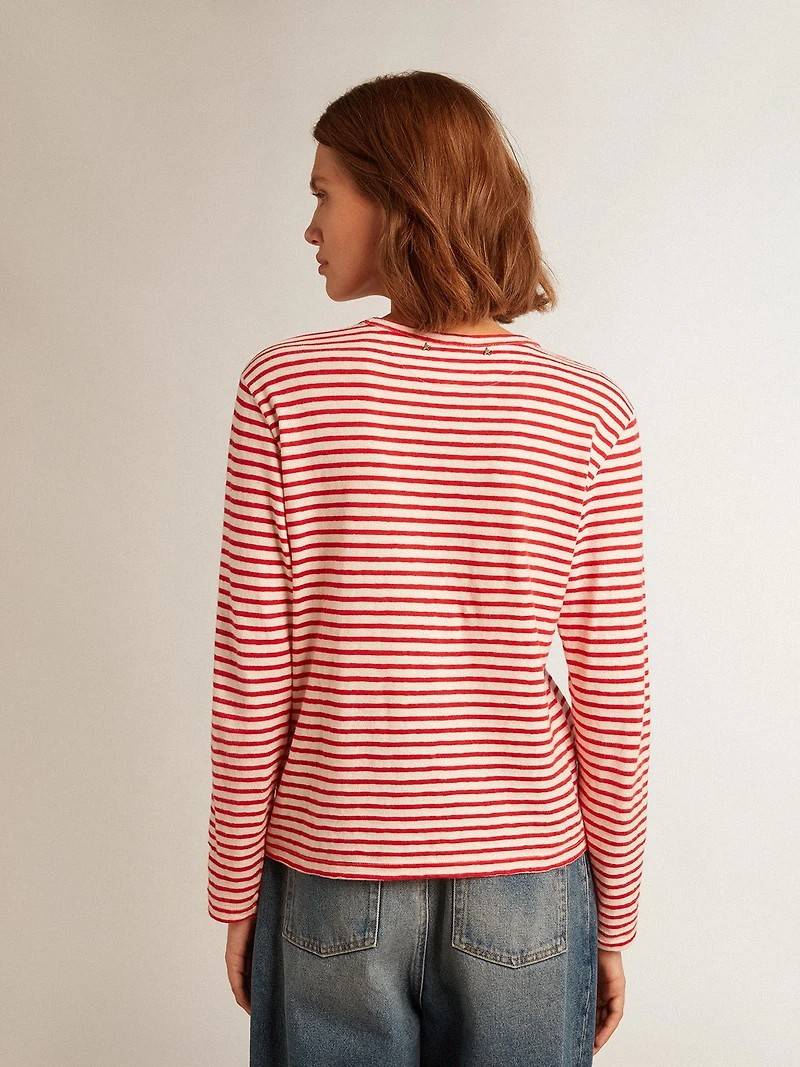 Women's T-shirt with white and red stripes embroidery on the front