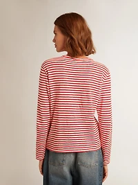 Women's T-shirt with white and red stripes embroidery on the front