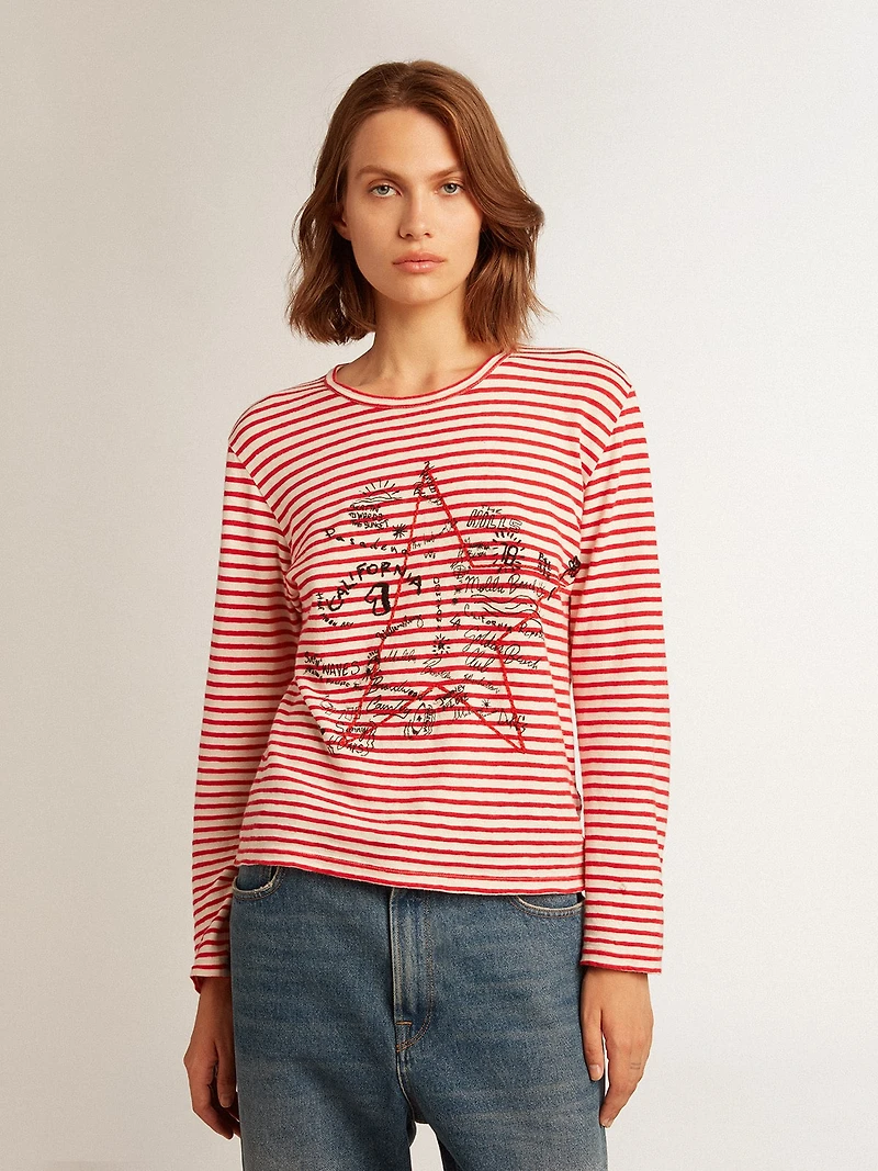Women's T-shirt with white and red stripes embroidery on the front