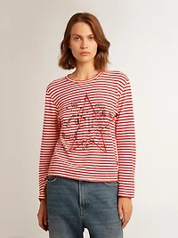 Women's T-shirt with white and red stripes embroidery on the front