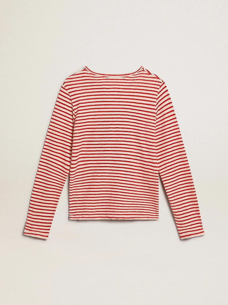 Women's T-shirt with white and red stripes embroidery on the front