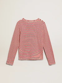 Women's T-shirt with white and red stripes embroidery on the front