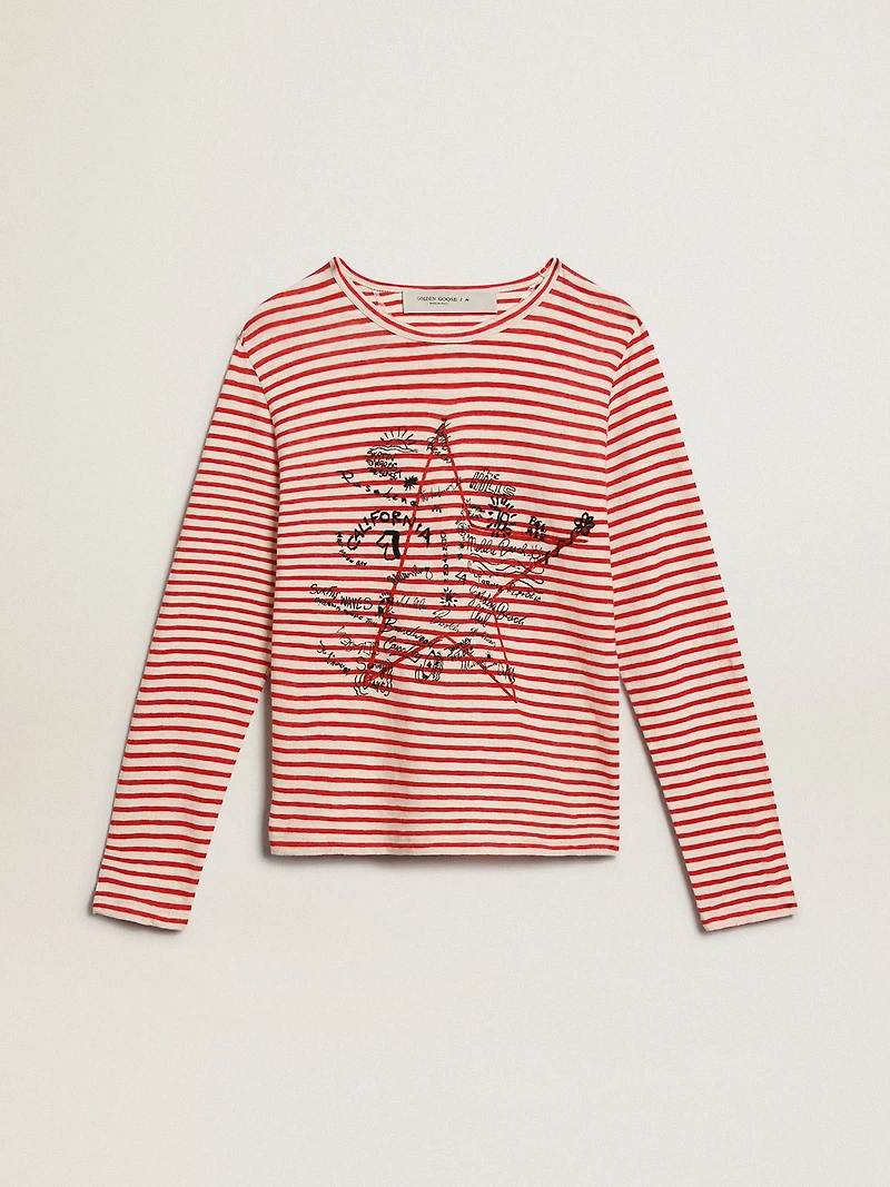 Women's T-shirt with white and red stripes embroidery on the front