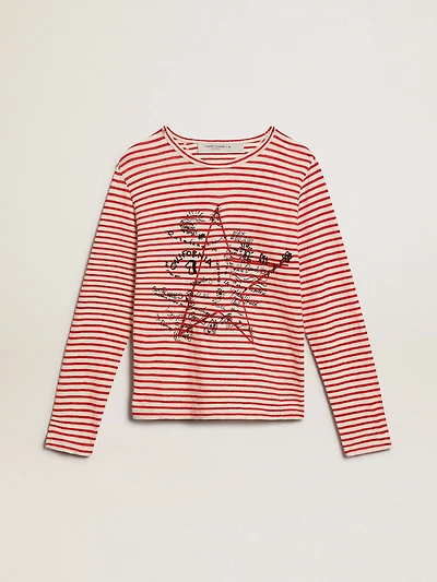 Women's T-shirt with white and red stripes embroidery on the front