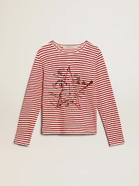 Women's T-shirt with white and red stripes embroidery on the front
