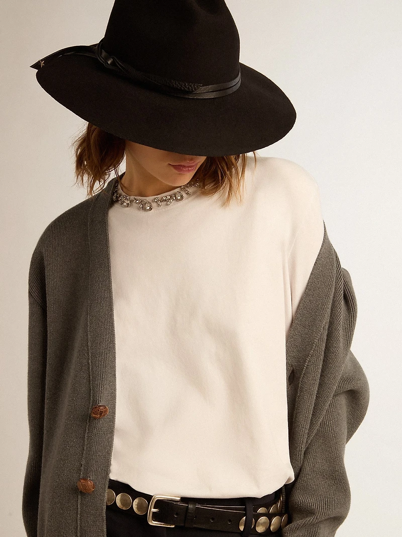 Women's mélange gray cotton cardigan with logo on the back