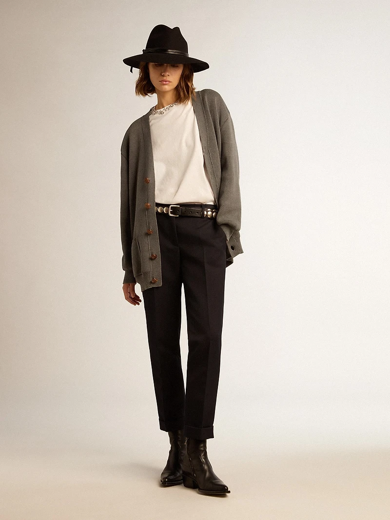 Women's mélange gray cotton cardigan with logo on the back