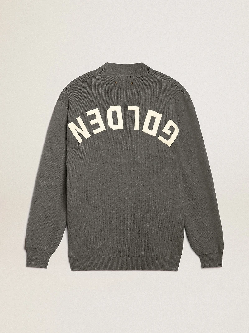 Women's mélange gray cotton cardigan with logo on the back