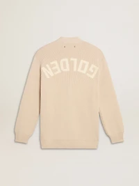 Women’s beige cardigan with 'Golden' lettering on the back