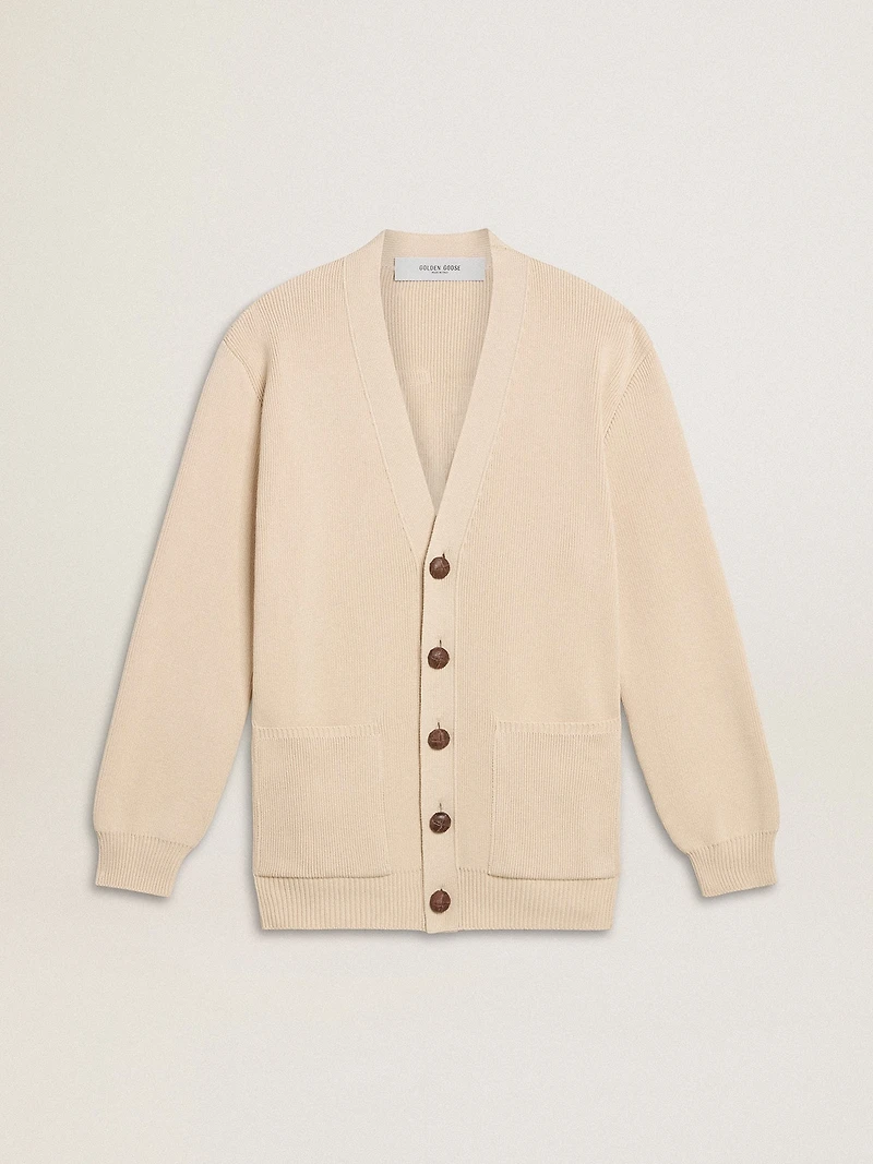 Women’s beige cardigan with 'Golden' lettering on the back