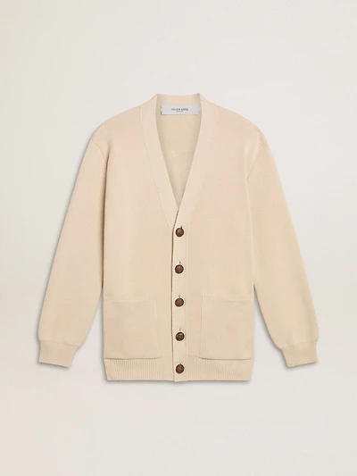 Women’s beige cardigan with 'Golden' lettering on the back