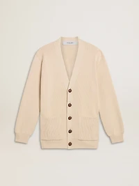Women’s beige cardigan with 'Golden' lettering on the back