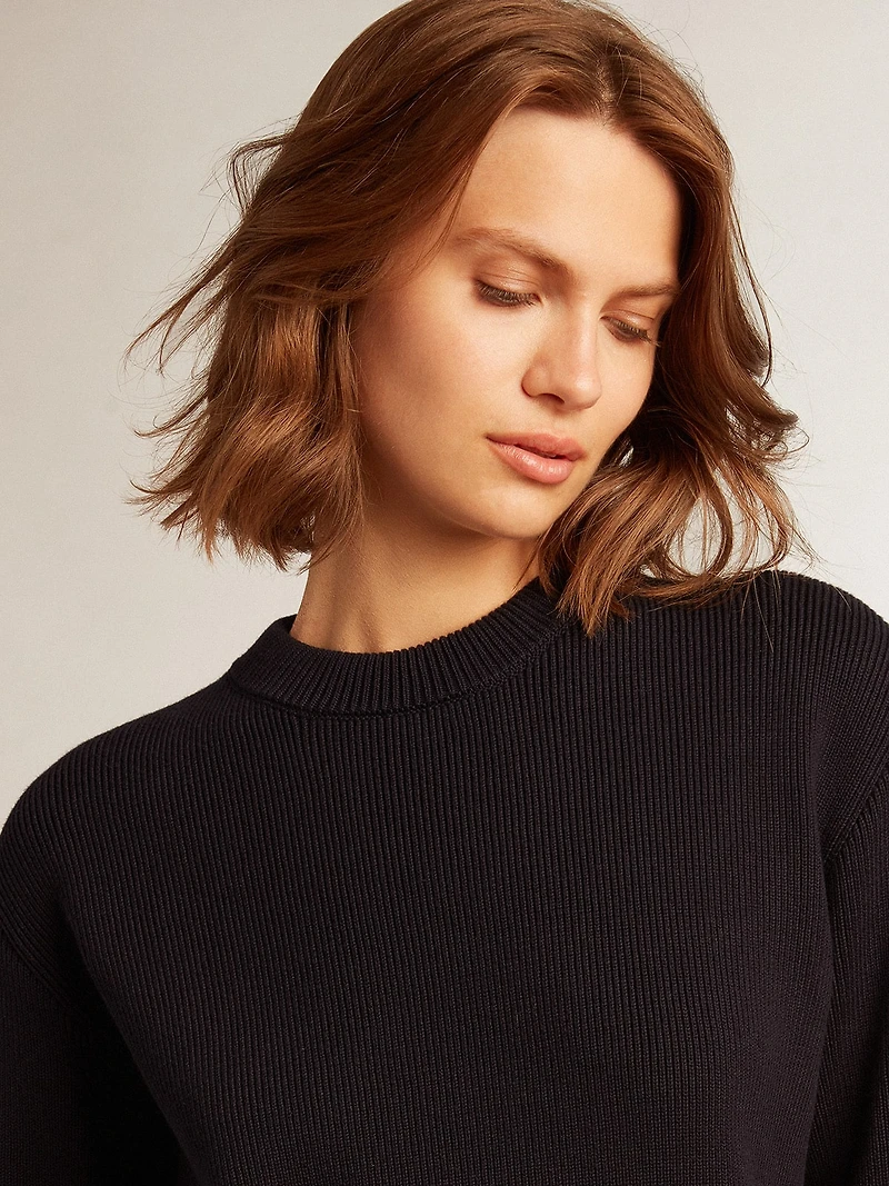 Women’s round-neck sweater dark blue cotton with logo on the back