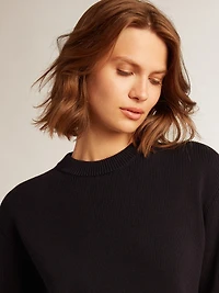 Women’s round-neck sweater dark blue cotton with logo on the back