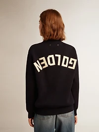 Women’s round-neck sweater dark blue cotton with logo on the back