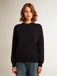 Women’s round-neck sweater dark blue cotton with logo on the back