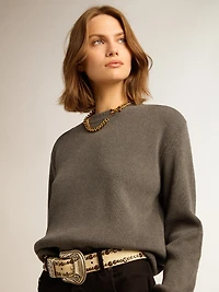 Women's round-neck sweater dark gray cotton with logo on the back