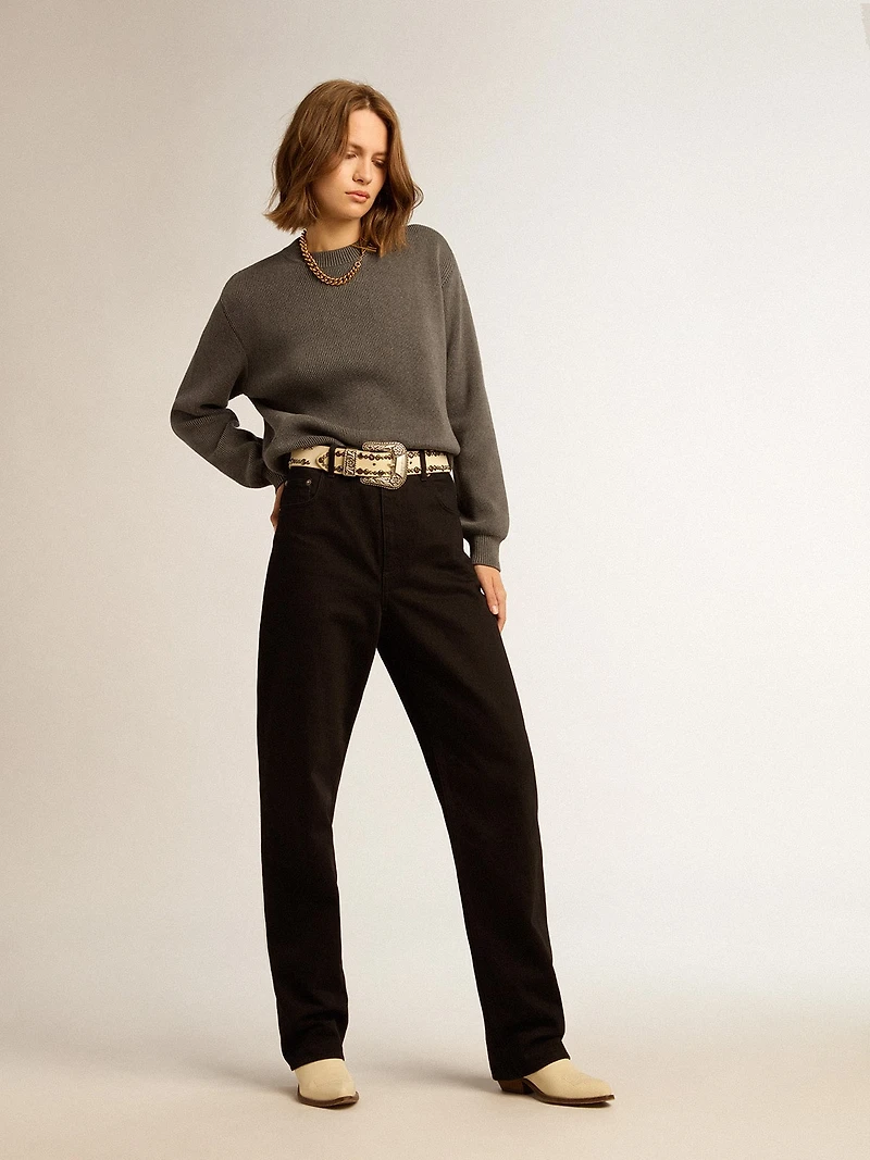Women's round-neck sweater dark gray cotton with logo on the back
