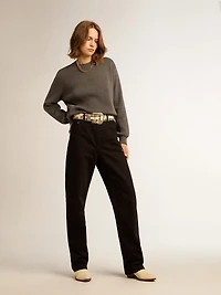 Women's round-neck sweater dark gray cotton with logo on the back