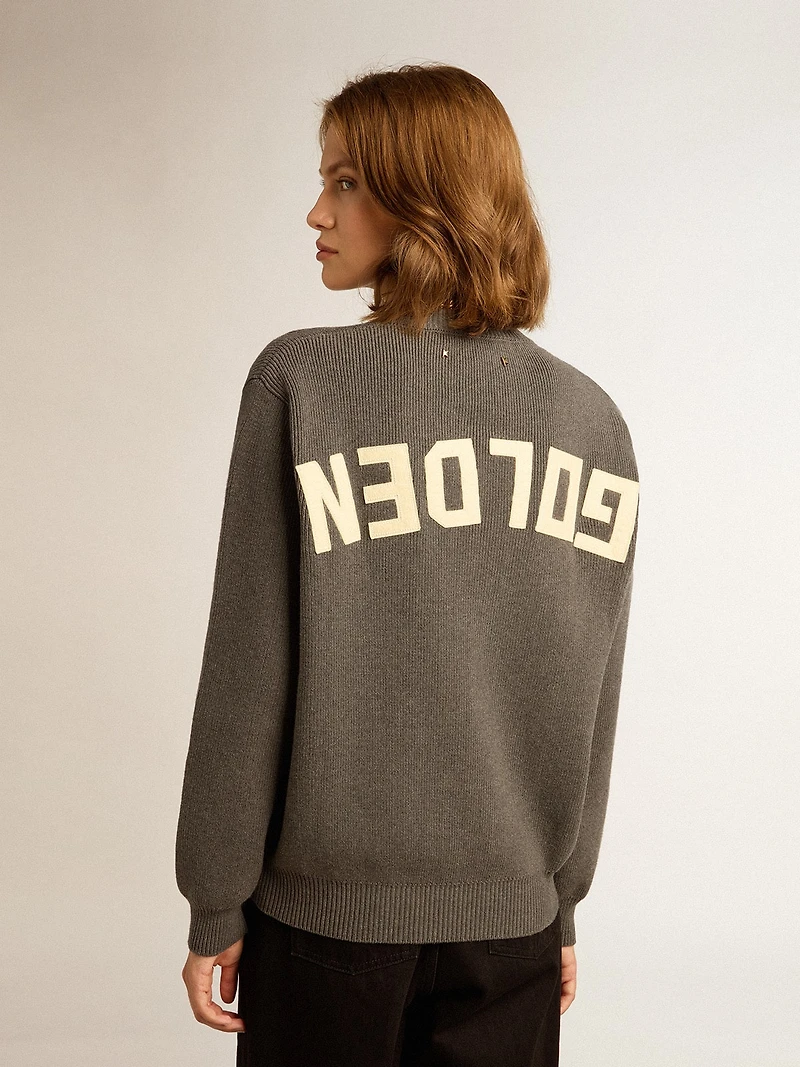 Women's round-neck sweater dark gray cotton with logo on the back