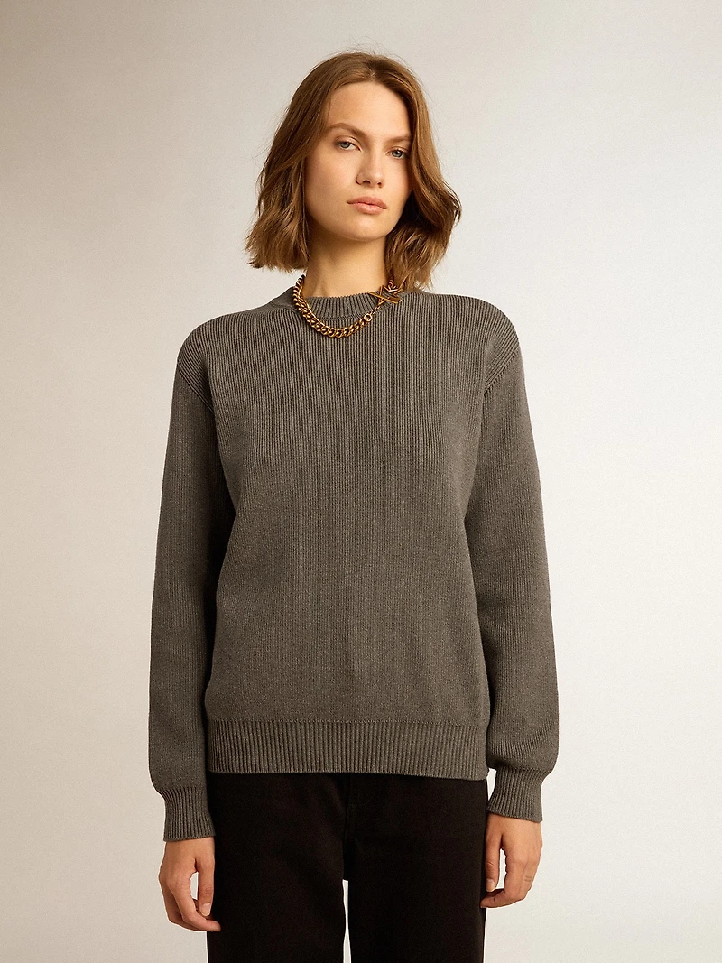 Women's round-neck sweater dark gray cotton with logo on the back