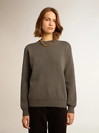 Women's round-neck sweater dark gray cotton with logo on the back