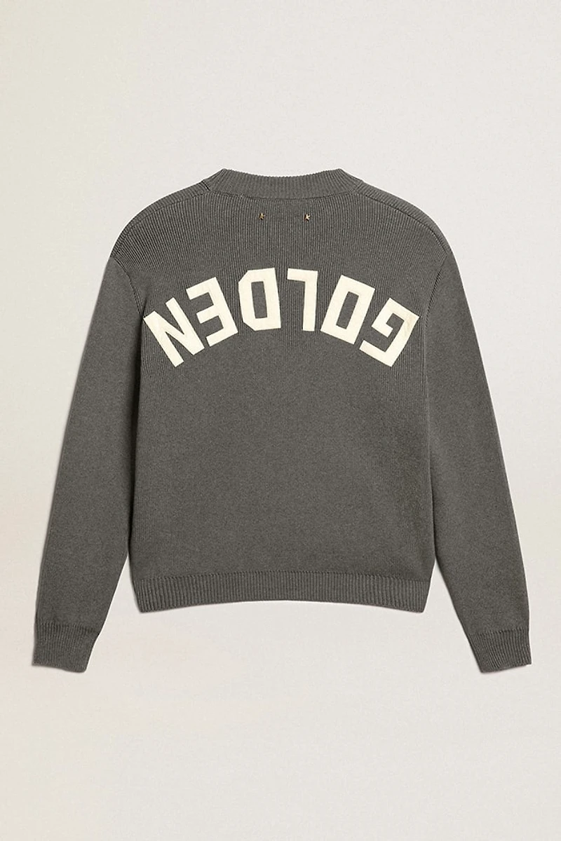 Women's round-neck sweater dark gray cotton with logo on the back