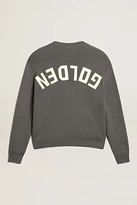 Women's round-neck sweater dark gray cotton with logo on the back