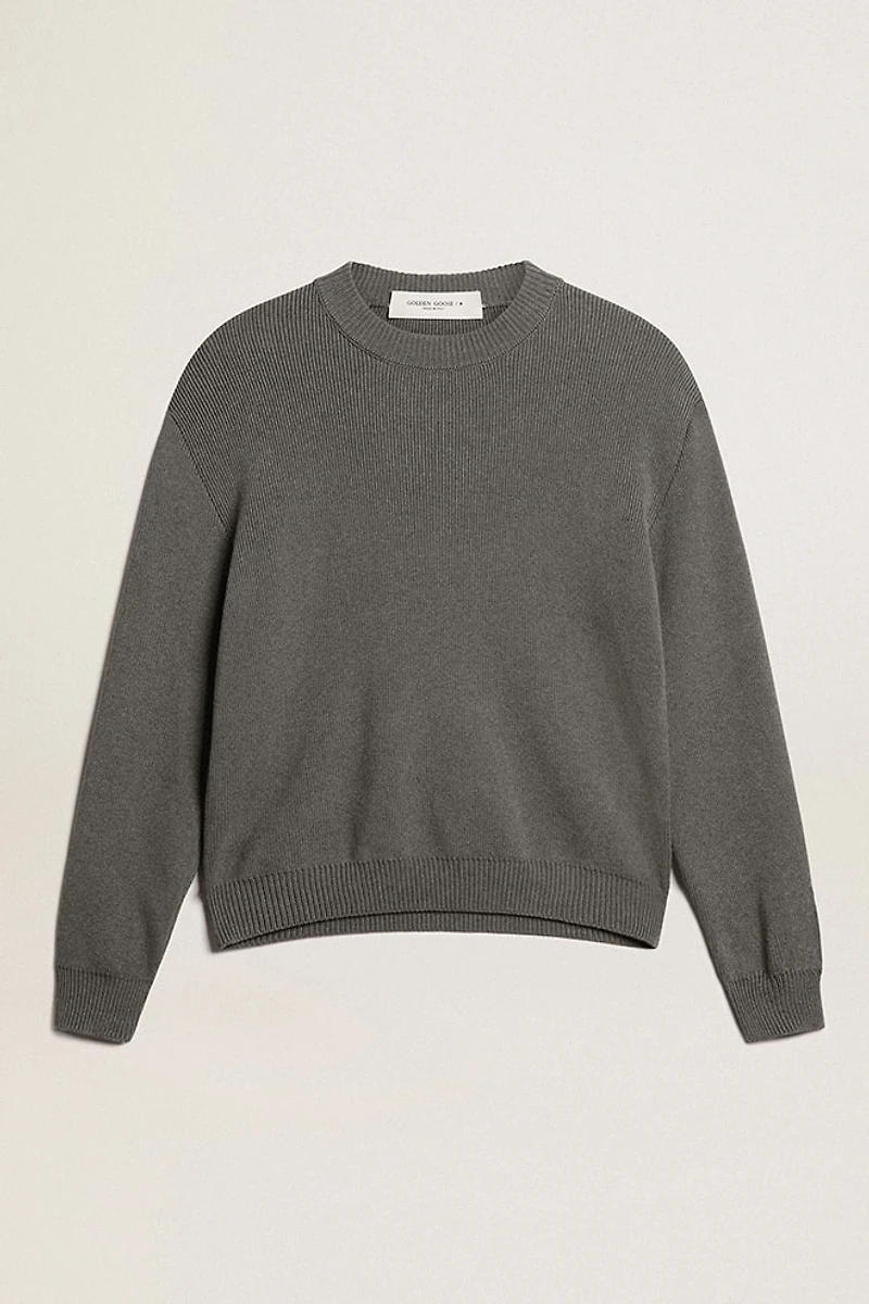 Women's round-neck sweater dark gray cotton with logo on the back