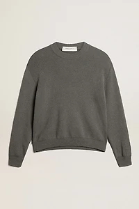 Women's round-neck sweater dark gray cotton with logo on the back
