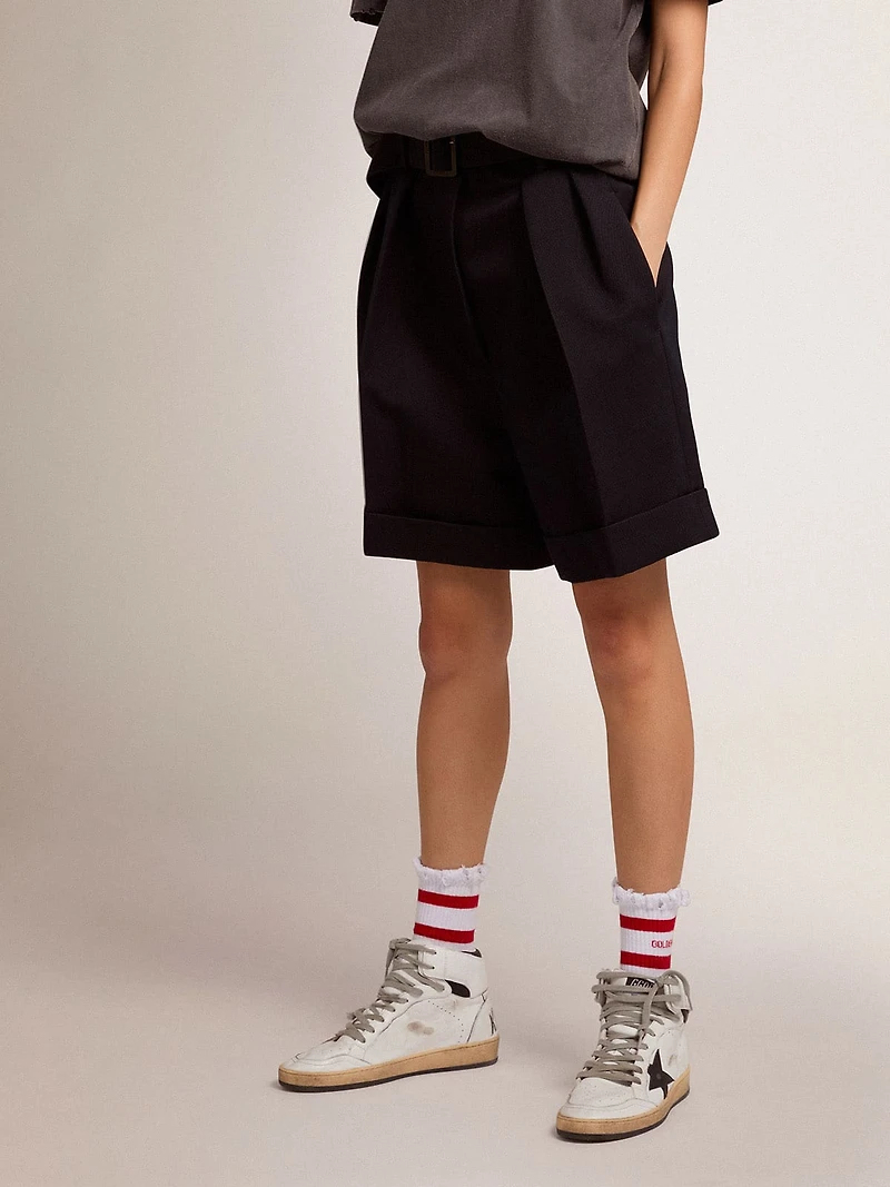 Women's shorts black wool gabardine with waist belt
