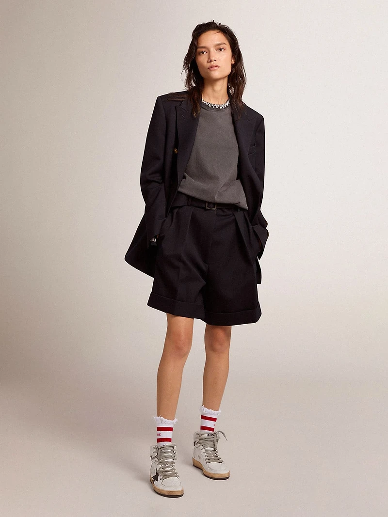Women's shorts black wool gabardine with waist belt