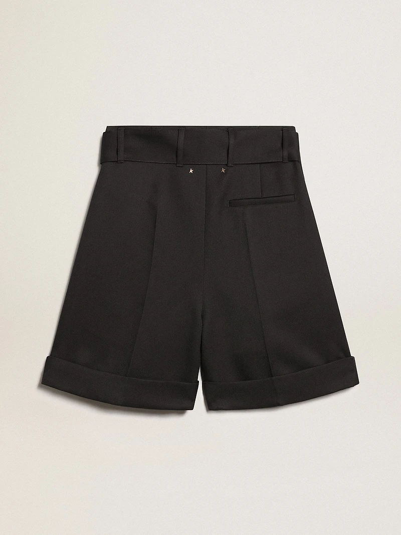 Women's shorts black wool gabardine with waist belt