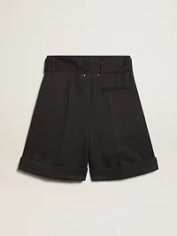 Women's shorts black wool gabardine with waist belt