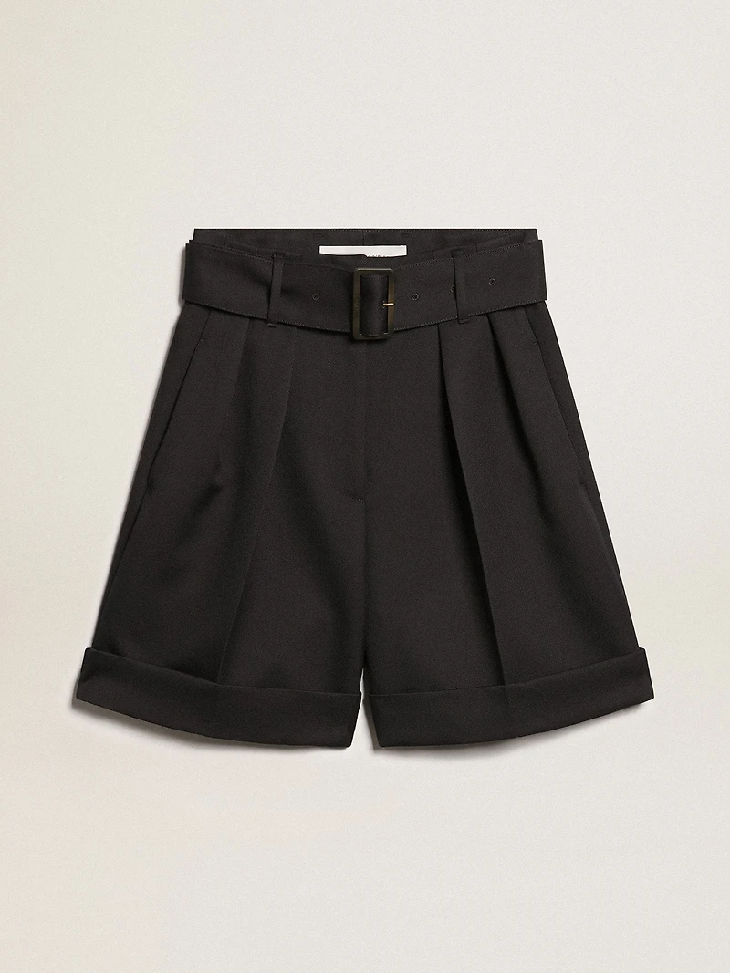 Women's shorts black wool gabardine with waist belt