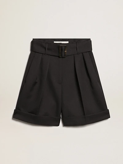 Women's shorts black wool gabardine with waist belt