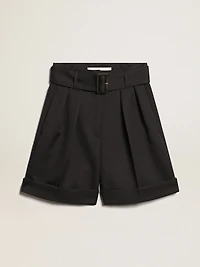 Women's shorts black wool gabardine with waist belt