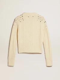 Women's cropped worn-white sweater with decorative crystals