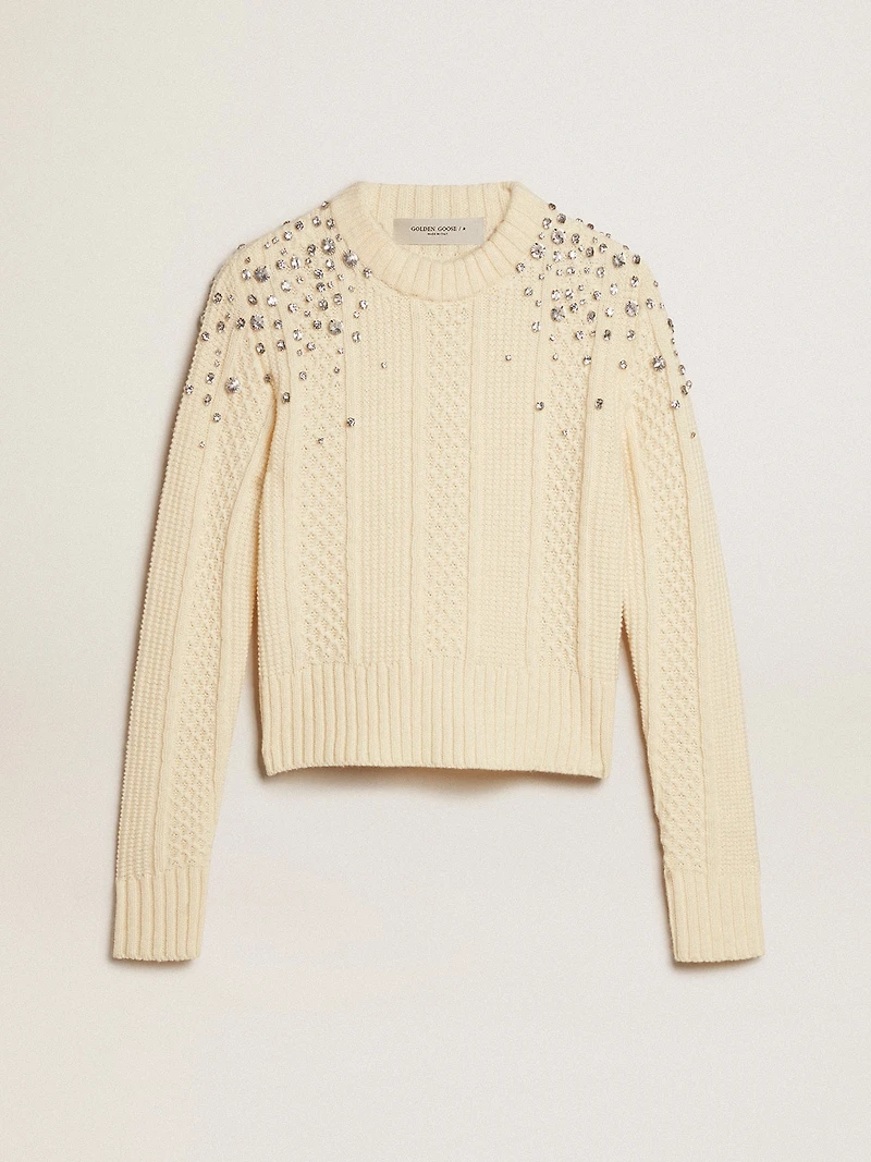 Women's cropped worn-white sweater with decorative crystals