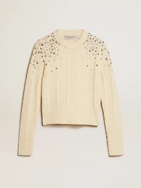 Women's cropped worn-white sweater with decorative crystals