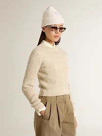 Cropped round-neck sweater beige wool with all-over crystals