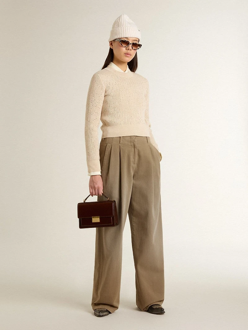 Cropped round-neck sweater beige wool with all-over crystals