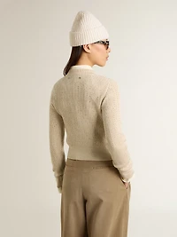 Cropped round-neck sweater beige wool with all-over crystals